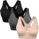 Women's Zip Front Sports Bra Wireless Post-Surgery Bra Active Yoga Sports Bras (Large, 3 Pack(black+grey+flesh))