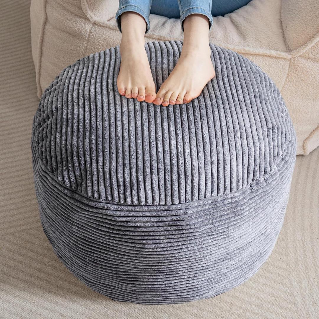 HIGOGOGO Round Stuffed Pouf Ottoman, Corduroy Poufs with Foam Chunk Filling, Furry and Fluffy Pouf Foot Stool Storage Ottoman, 20 X 15 Floor Poufs Foot Rest for Living Room, Dark Grey (20 inch)
