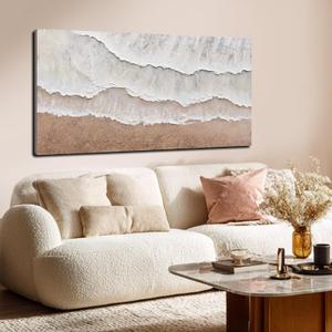 LEVERUP Textured Beach Wall Art Abstract Ocean Waves Canvas 24"x48" White and Sand Coastal Decor for Living Room Bedroom Ready To Hang