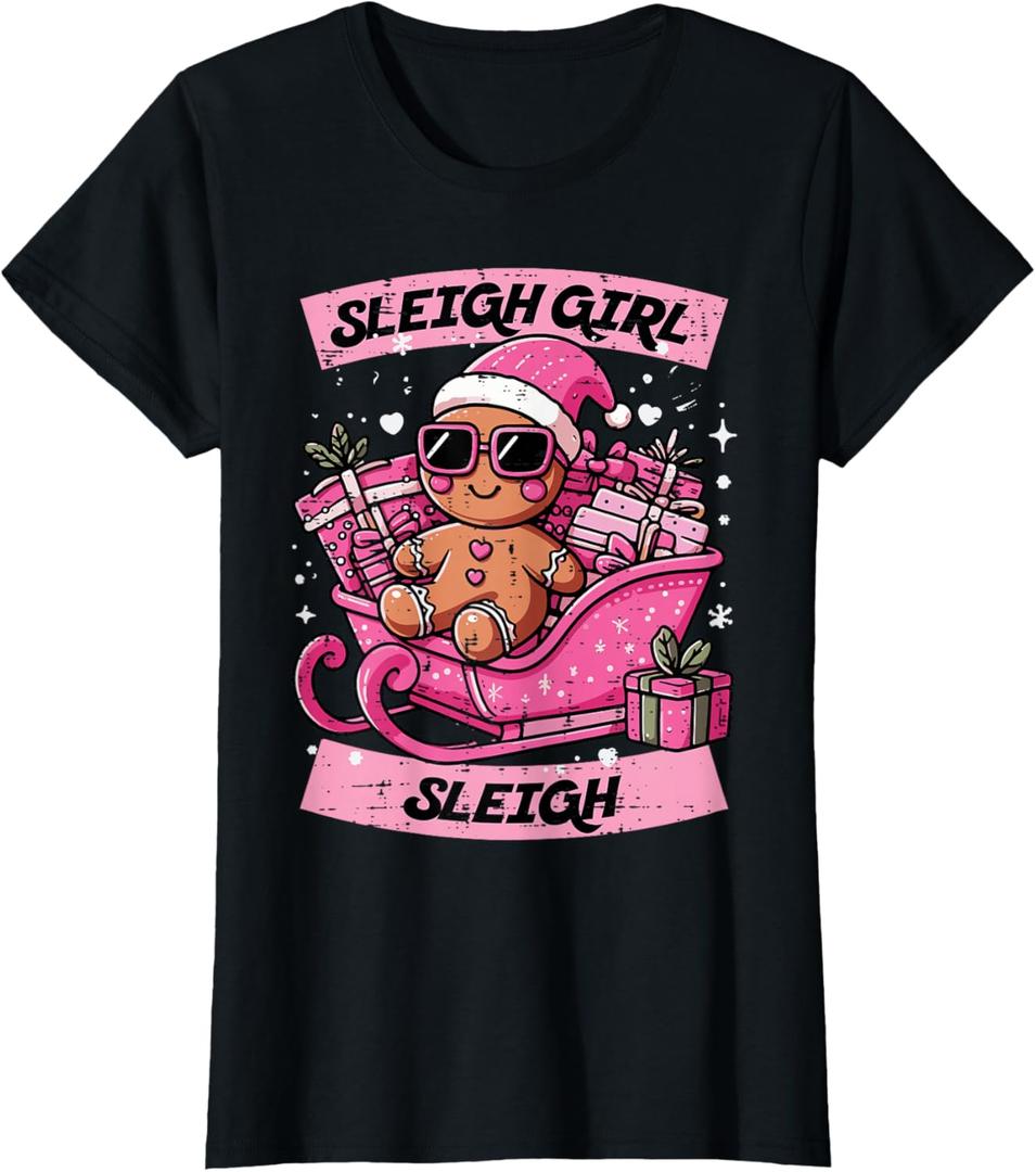 Christmas Gingerbread Pink Sleigh Girl Xmas Girls Kids Women T-Shirt M