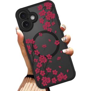 OOK Case for iPhone 17 6.3 Inch (Compatible with MagSafe) Cherry Blossom Red Floral Flowers Translucent Phone Cover Soft TPU + Hard PC Anti-Scratch Shockproof Magnetic Cute Case for Women