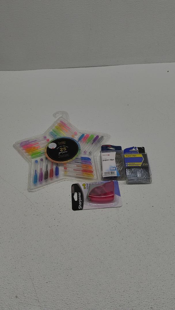 HQ Advance Products Boxable Paper Clips, 250-pc Box (12101), 2PC, Two - Hole Flip Top Pensil Sharpener, 25 PC Mini Gel Pen Set Assorted Colors-Spring