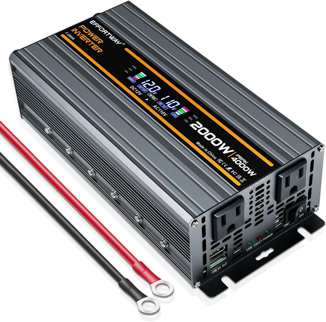 2000W Power Inverter 4000W (Peak). 12V DC to 110V/120V AC Converter with LCD Display, 2 AC outlets, 2 USB, 2000w Inverter for Camping RV Travel Outdoor Truck Off-Grid Solar inverters