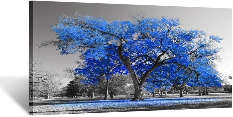 KREATIVE ARTS Canvas Prints Blue Tree Wall Art Painting Contemporary Black and White Fall Landscape Pictures Modern Giclee Stretched and Framed Artwork for Walls 20x40inch