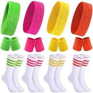 Hillban Sweatband and Stripe Sock Set Neno Wrist Sweat Band Sport Headband Wristband for Men Women 80s Party Accessories Size S