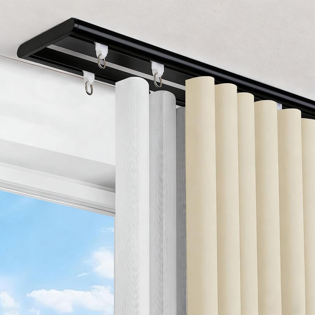 Double Ceiling Curtain Track Rail, Ceiling Mounted, Silent Heavy Aluminum Duty Curtain Track System, Sliding Rails for Curtains, Room Divider, Bedroom, Living Room, Office, Hotel, Black, 15FT