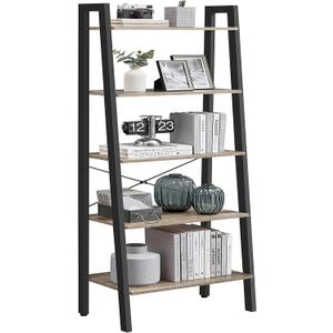 VASAGLE Ladder Shelf, 5-Tier Bookshelf, Storage Rack, Bookcase with Steel Frame, for Living Room, Home Office, Kitchen, Bedroom, Industrial Style, Camel Brown and Ink Black ULLS045B50