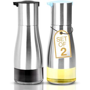 2LB Depot Oil and Vinegar Dispenser Set - Brushed Steel & Glass Containers with Anti-Drip Spout Lid - Easy-Clean - Olive Oil Dispenser Bottle - Minimalist Kitchen Accessory - 7.1"H x 2.7"L x 2.7"W
