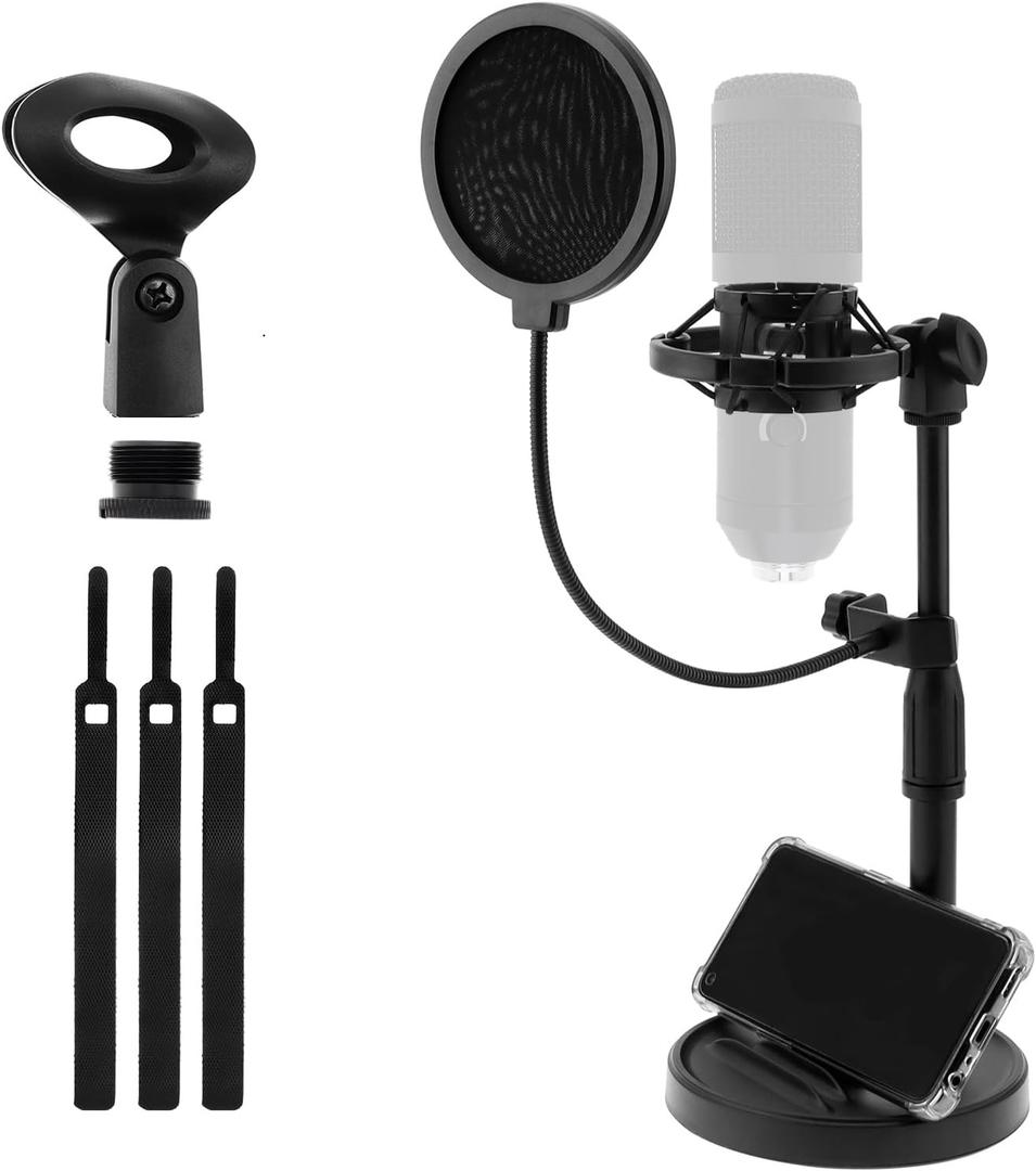 RTNLIT Desktop Mic Stand with Phone Holder, Adjustable Desk Microphone Stand with Pop Filter, Shock Mount, Mic Clip, 3/8" to 5/8" Screw Adapter for Blue Yeti Snowball Shure SM7B and Other Mics