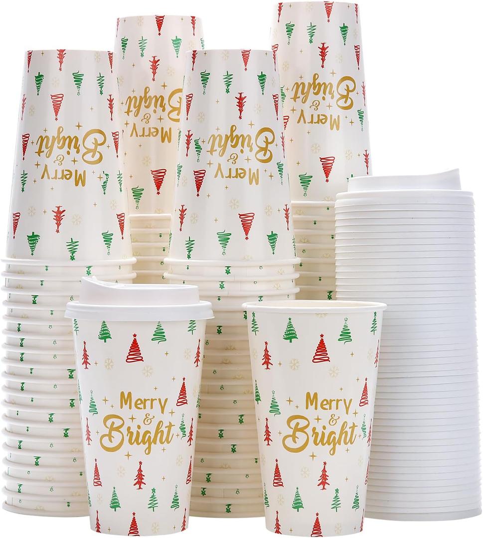 Tamone 100 PACK Christmas Cups 16OZ Disposable Coffee Cups with Lids Leak Proof, Green and Red Christmas Tree Design for Cold/Hot Coffee Beverage Chocolate Cocoa for Home Office (White)