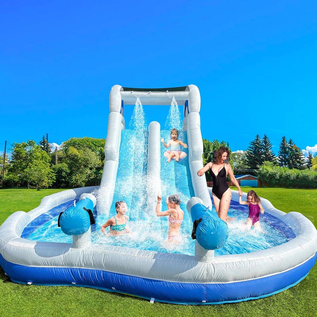 Inflatable Double Water Slide-17.7FTL Large Climber Inflatable Water Park for Big Kids 5-10-Huge Splash Pool-Easy to Set Up & Inflate with Air Blower,Carrying Case,Water Pipe,Storage Bag-Bule