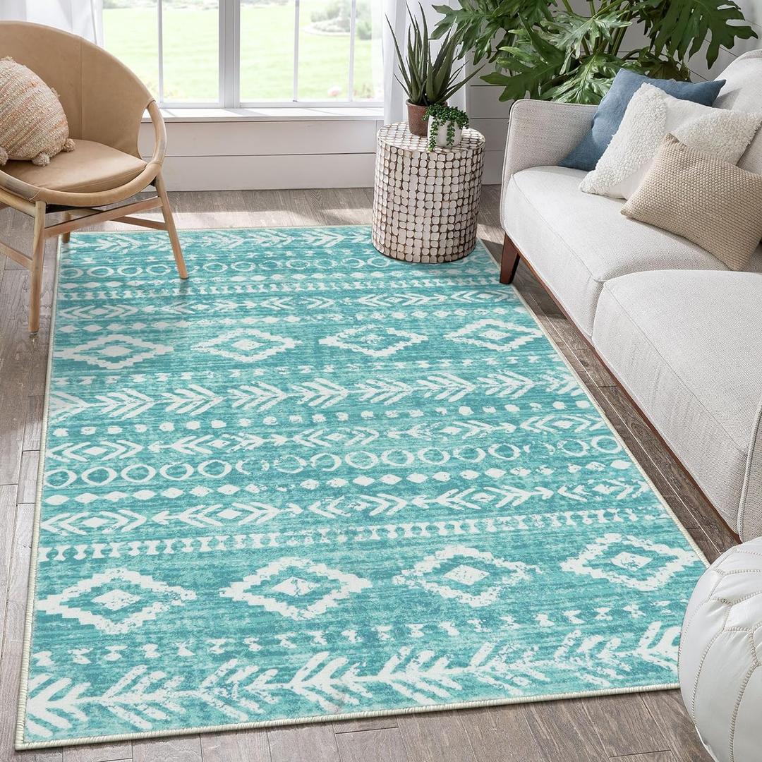 Lahome Boho Geometric Area Rugs 5x7, Ultra-Thin Teal Washable Bedroom Rugs Soft Living Room Rug, Farmhouse Tribal Accent Print Large Entryway Rug Indoor Non Slip for Office Playroom Nursery