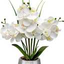 Artificial White Phalaenopsis Orchid Flower Arrangements Faux Orchid Flower in Silver Pot Orchid Centerpiece for Dining Room Table (White Orchid and L Silver Pot)