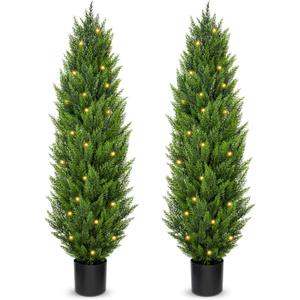 Briful 5ft Cedar Topiary Trees Artificial Outdoor Set of 2 Realistic Faux Cedar Trees with LED Lights, UV Resistant Fake Shrubs Cypress Trees, Fake Outdoor Trees for Home Farmhouse Front Door Decor