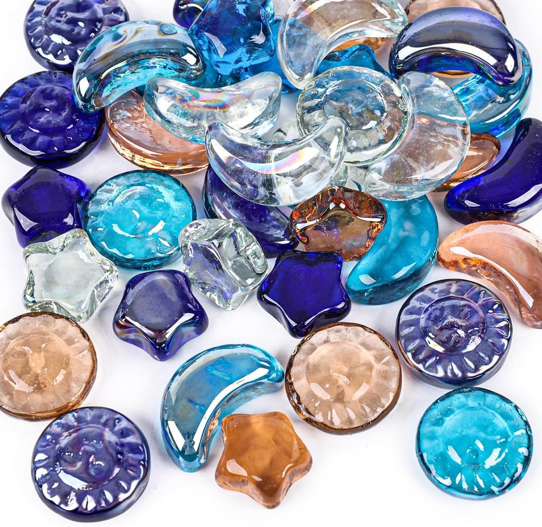 DomeStar 2 LB Glass Beads, Decorative Marbles for Vases, Sun Moon Stars Flat Marbles Glass Gem for DIY Aquarium Vase Fillers(35-40pcs)