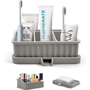 Toothbrush Holders for Bathrooms, 5 Slots Electric Toothbrush and Toothpaste Holder with Drainage, Detachable Soap Dish Toothbrush Holder Bathroom Counter Organizer for Vanity, Office (Grey)