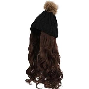 Women Winter Beanie Hat with Big Wavy Curly Hair Knit Attached ski snow Cap wig for Party Daily Weddings