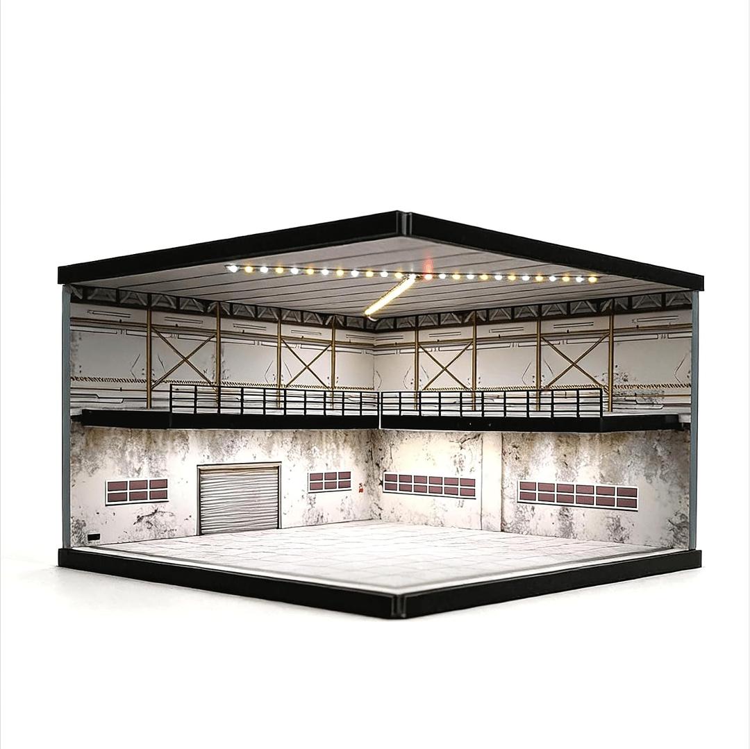 1/64 Diorama Model Car Display Case,Fits for 1/64 Hot Wheels Diecast Model Car, Diorama Double Decker Car Showroom Garage Model with Dimmable LED Lighting, City Car Parking Lot Scene Display (D)