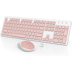Wireless Keyboard and Mouse, WisFox Full-Size Wireless Mouse and Keyboard Combo, 2.4GHz Silent USB Wireless Keyboard Mouse Combo for PC Desktops Computer (Pink and White)