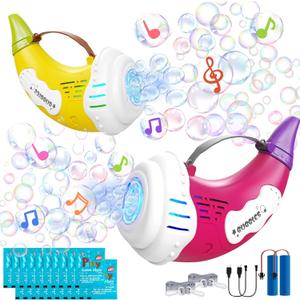 Bubble Machine for Kids 2 Pack Automatic Horn Bubble Gun Blower Wand Maker for Toddlers 3 4 5 6 7 8+ Year Old Boys Girls Music & Light with Bubble Solution Summer Outdoor Toy Parties Birthday Gift (Hot Pink + Yellow)