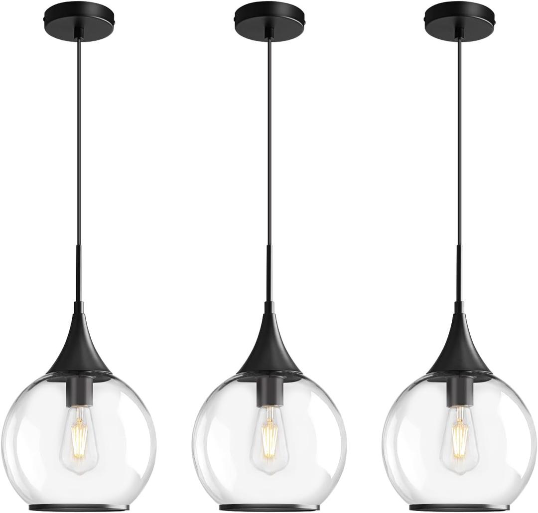Pendant Lights Kitchen Island: 3 Pack Black Light Fixture Modern with Clear Glass - 10 Inch Mid Century Globe Kitchen Lighting Fixtures Ceiling for Hallway Bar