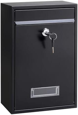 Locking Mailboxes Wall Mounted Vertical – Jssmst Key Lock Drop Mail Box Medium Capacity Galvanized Steel Cover Rust-Proof Metal Post Box, 12.6 x 8.5 x 3.4 Inch, Black, SM-0601L