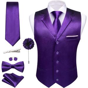 Barry.Wang Mens Formal Suit Vest Tie Bowtie Set 8PC Lapel Collar Casual Slim Fit Waistcoat Wedding Party Tuxedo (Large, Dark Purple)