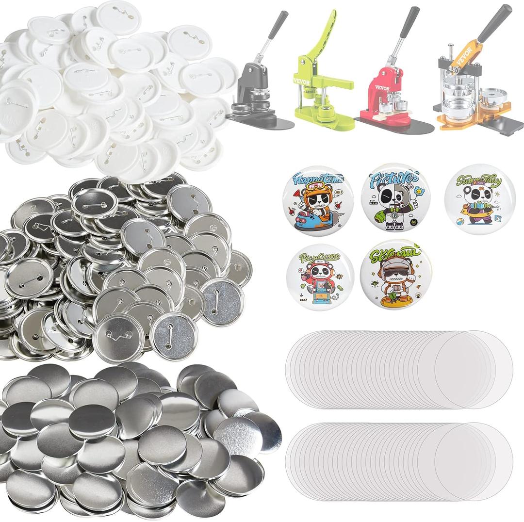 VEVOR 500 Sets 2.25 inch 58mm Pin Back Button Parts, DIY Round Button Badge Parts, Set Includes Metal Top, Clear Film, Plastic/Metal Button, and Blank Paper for Gifts Presents, Machine NOT Included
