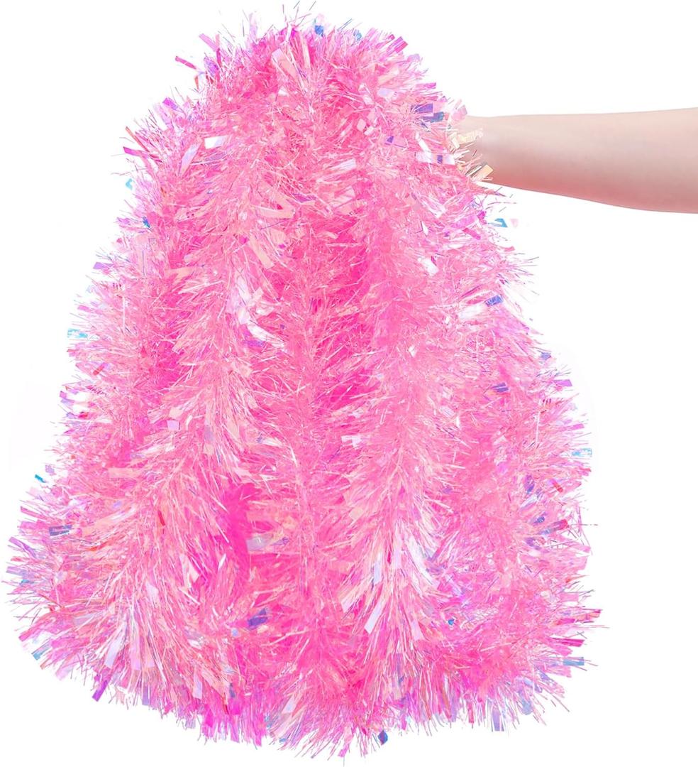 Gloreyan 20FT Pink Christmas Tinsel Garland Metallic Tinsel Twist Garland Glitter Foil Hanging Decoration for Xmas Tree Decoration Wedding Party Supplies