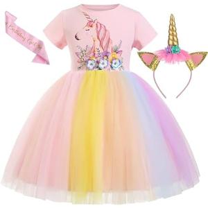Unicorn Dress for Girls Princess Unicorn Costume Birthday Party Headband with Accessories (150 7-8 Years, Pink)