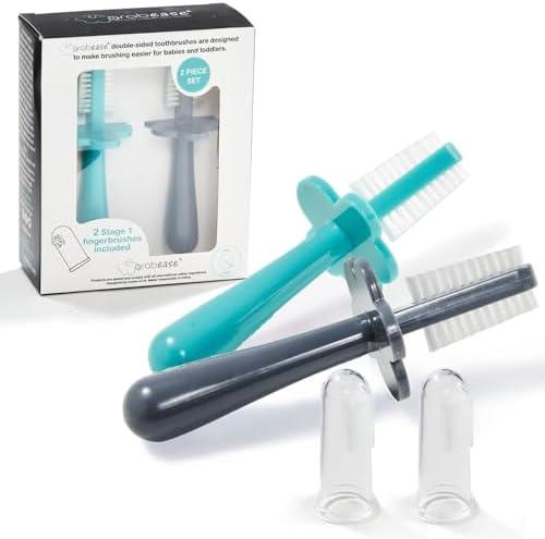 grabease Baby Toothbrush Double Sided - Training Finger Toothbrush for Toddler Infant, BPA-Free & Phthalate-Free for Baby & Toddler, 2 Pack, Teal and Gray