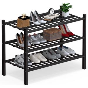Haddockway Large 3 Tier Bamboo Shoe Rack Storage Organizer, Multifunctional Free Standing Stackable Shoe Shelf with Grid Panel for Closet,Hallway,Entryway,Small Space 27"x12"x21" (Black)