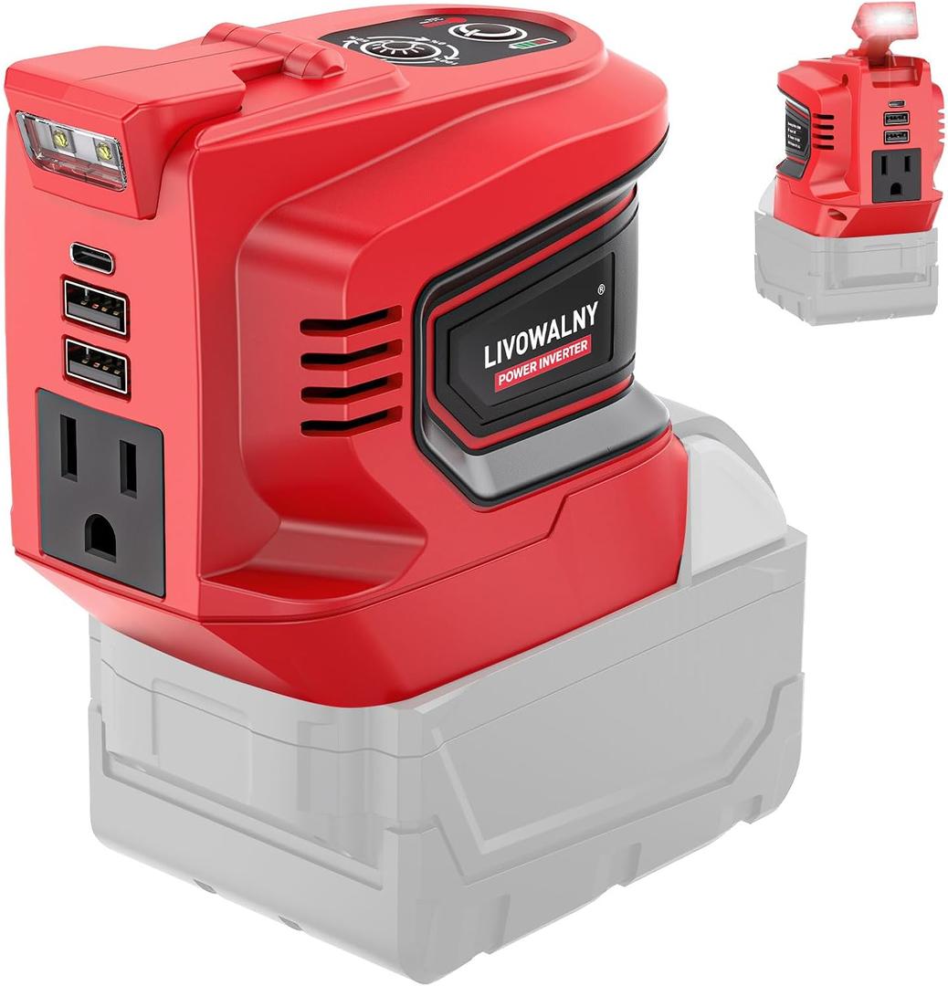 LIVOWALNY 200W Power Inverter Compatible with Milwaukee 18V Battery, DC 18V to AC 110-120V Power Station with 1 AC Outlet, 2 USB, 1 Type-C & LED Light, for Camping Power Outage (No Battery)