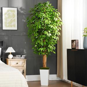 7ft Ficus Artificial Tree with 3 Natural Curved Trunks, 84" Tall Lush Faux Tree for Home Decor Indoor, Green Lifelike Fake Ficus Tree with White Planter Pot