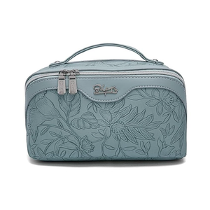 BOYATU Travel Makeup Bags Cosmetic Organizer Bag: Large Capacity Make up Bag - PU Leather Toiletry Bags for Women - Wide Open Portable Pouch with Divider & Handle (01-Light Blue)