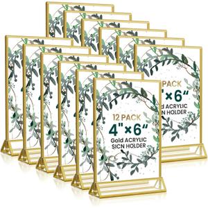 Acrylic Gold Sign Holders 4x6, 12 Pack Wedding Gold Table Number Holders, Double Sided Photo Display Picture Frame Paper Stand, Clear Flyer Stand Menu Holder for Wedding, Home, Party, Restaurant