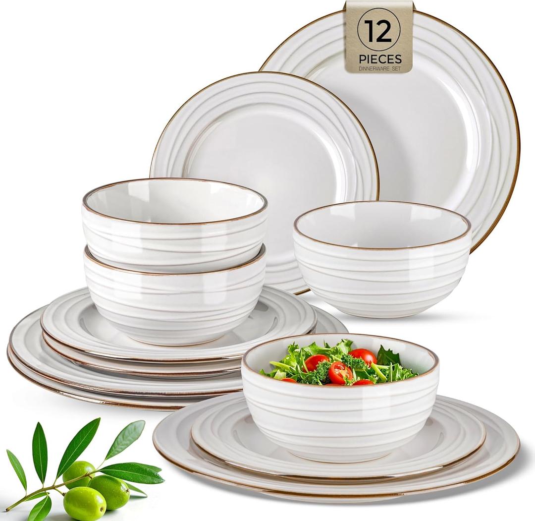 GBHOME Ceramic Dinnerware Sets,12 pcs Embossed Elegant Stoneware Plates and Bowls Sets, Housewarming Wedding Gift | Dishwasher & Microwave Safe | Dishes Set Service for 4 (Pearl White-Wave)