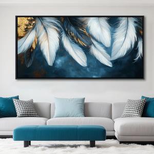 Mofutinpo Blue and Gold Wall Art Framed Navy Blue Decor for Living Room Feather Canvas Art Wall Pictures, Blue Bedroom Wall Decor Above Bed Pictures Wall Decor, Painting - Artwork for Walls 2448IN (48L" x 24W")