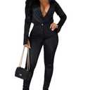 xxxiticat Women's Silk Satin Business Suit Office Lady Two Piece Long Sleeve Bodysuit High Waist Bodycon Pants Matching Sets(BL,2XL) (Black, XXL)