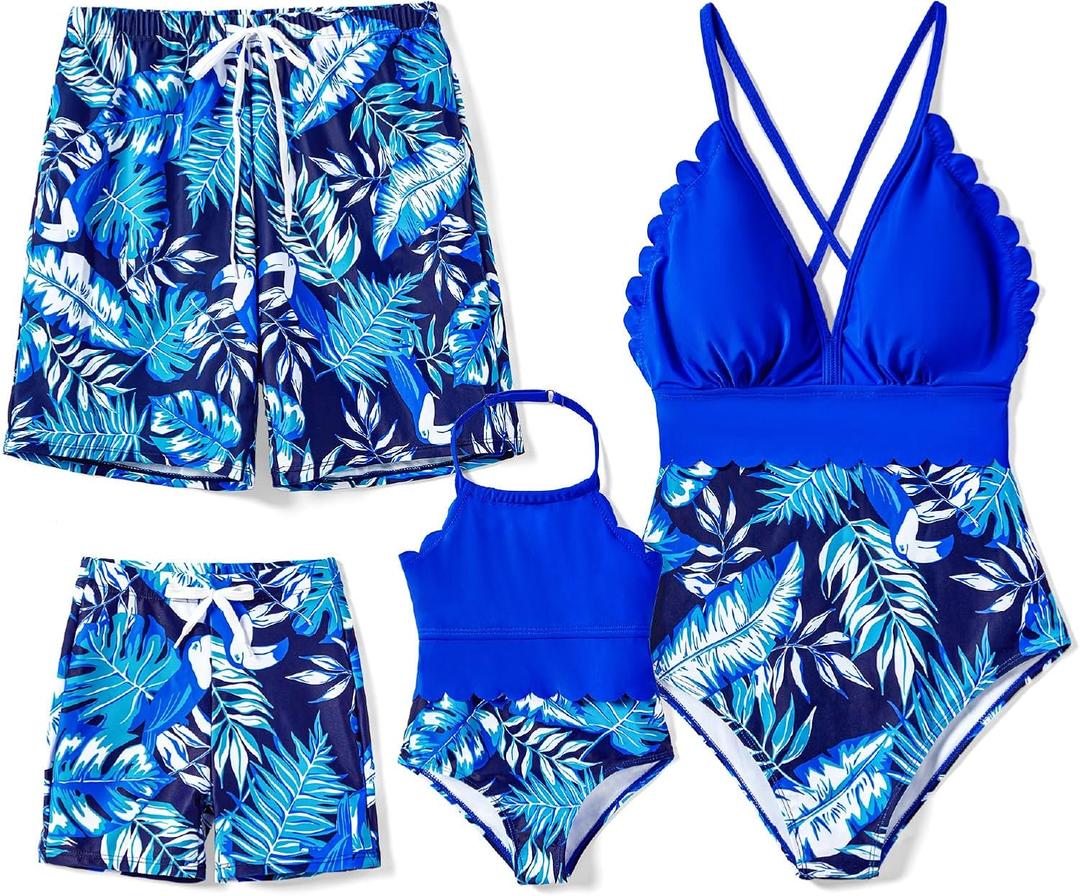 PATPAT Mommy and Me Matching SwimsuitOne Piece V Neck Bathing Suits Leaves Printed Family Swimwear Matching Set