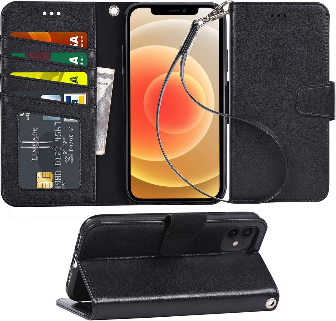 Arae Case for iPhone 12 / iPhone 12 Pro 6.1 inch Wallet Case Flip Cover with Card Holder and Wrist Strap for iPhone 12 / iPhone 12 Pro 6.1 inch - Black