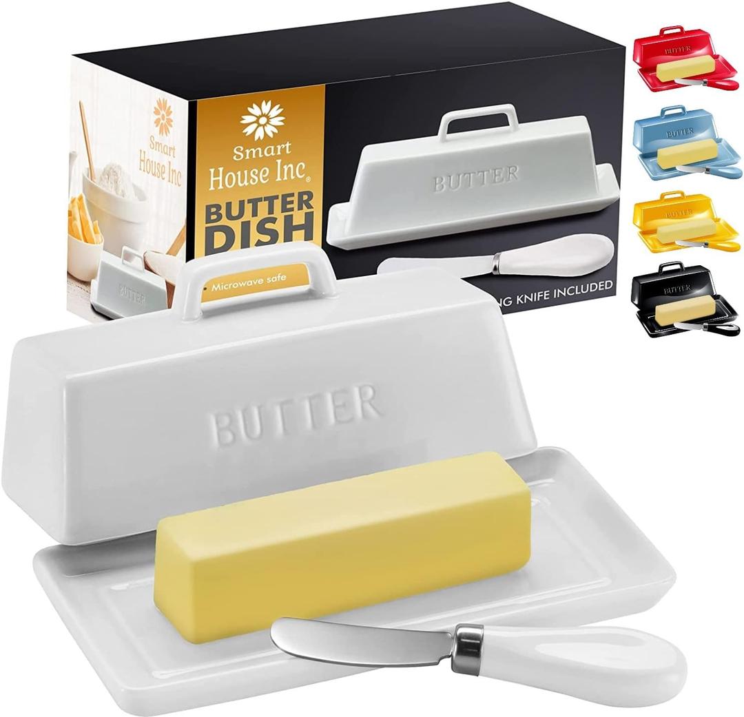 Ceramic Butter Dish Set with Lid and Knife - [White]- Decorative Butter Stick Holder with Handle for 1 Stick of Butter - Microwave Safe, Dishwasher Safe - Anti-Scratch Stickers Included