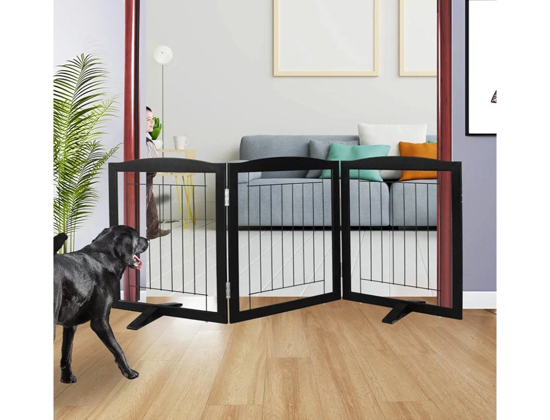 ZJSF Freestanding Dog Fence Indoor, Foldable Dog Gate for Doorways, Stairs or Hallways, Sturdy Wood Extra Wide Pet Gate with Support Feet for The House, Black, 24 "Height-3 Panels