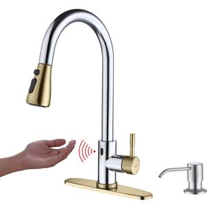 Touchless Kitchen Faucet with Pull Down Sprayer, Motion Sensor Kitchen Faucet with Soap Dispenser, Single Handle High Arc Pull Out Faucet for Kitchen Sink RV Kitchen, Gold and Polished Chrome