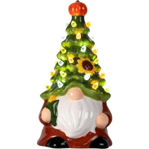 YSXSBLK Ceramic Halloween Gnome with Lights Tree, Tabletop Holiday Decor Light Up Figurine, Christmas Gnomes for Home Decorations and Unique Gift for Mom Women Friends (Green)