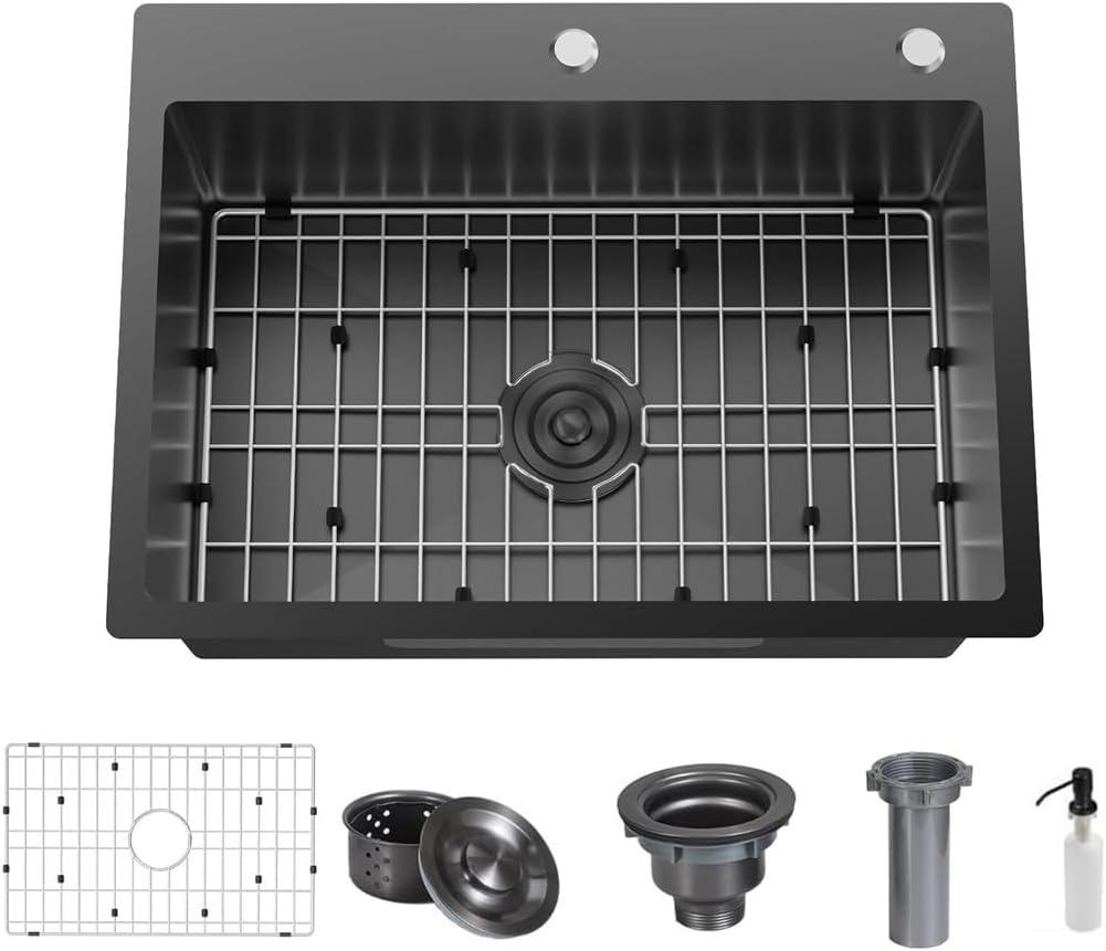 30 x 22 Inch Black Drop in Kitchen Sink, 304 Stainless Steel Single Bowl Sink, Topmount 9 Inch Deep Wet Bar sink for Kitchen Outdoor Prep RV Yard Laundry Utility with Dish Grid & Drain