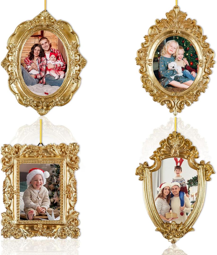 4 Pcs Mini Picture Frames Small Vintage Gold Photo Frames Antique Oval and Rectangle Photo Frame Set for Christmas Wall Tree Home Wedding Gallery Arts Display Decor Antique Style Hanging Ornaments