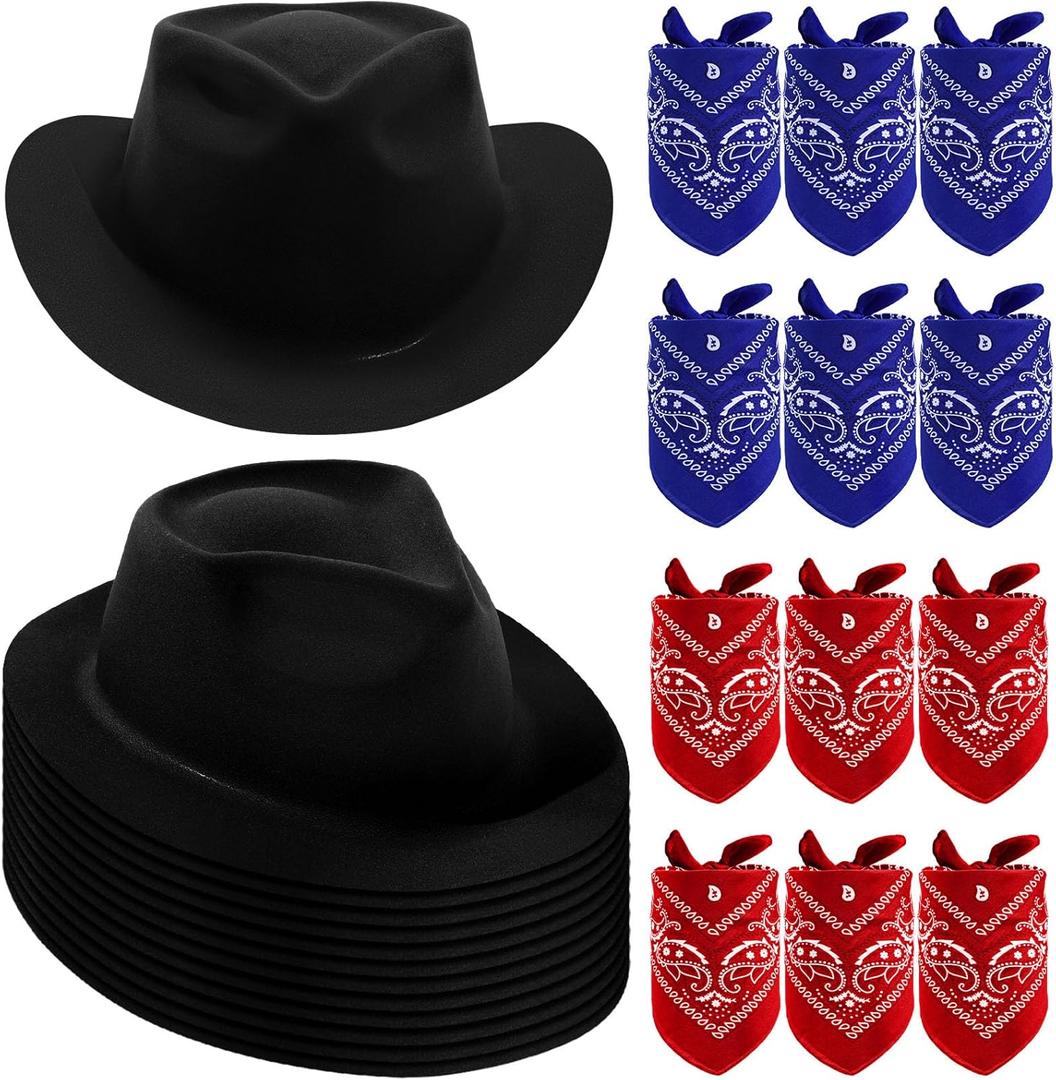 Haysandy 24 Pieces Western Cowboy Hat Set, Felt Cowboy Themed Party Hats with Paisley Bandanas for Kids Costume Party(Black, Red, Blue)