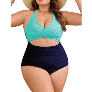 Edelqual Women's Plus Size One Piece Swimsuits Tummy Control Bathing Suit High Waisted Push Up Halter Cut Out Swimswear (3X-Large Plus)