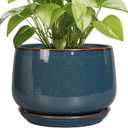 G EPGardening Ceramic Plant Pots - 9 Inch Round Modern Planter Indoor with Drainage and Tray for Indoor Outdoor Flower, Office Decor, Gardening Gifts, Retro Blue